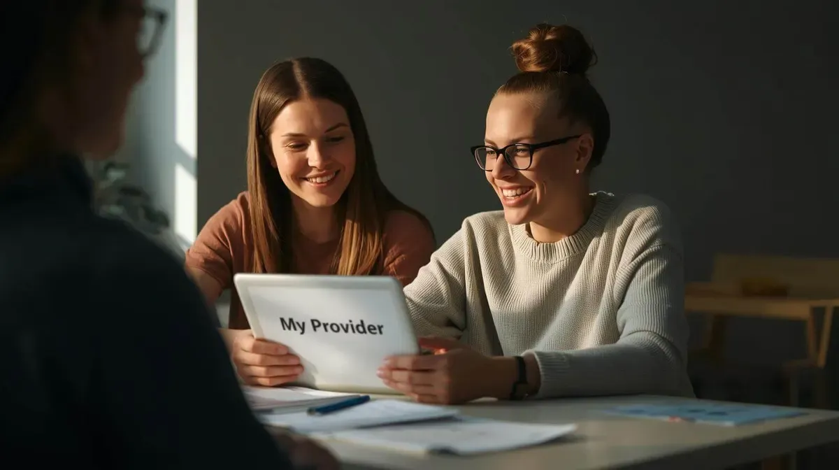 A support worker and participant reviewing the My Provider setup on a tablet